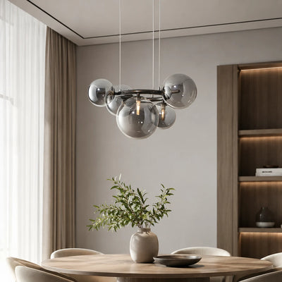 Lampadario con Paralume Tondo, VENERE Zodiaco, 1 Cerchio 5xG9, Metallo, Nero, Altezza Regolabile