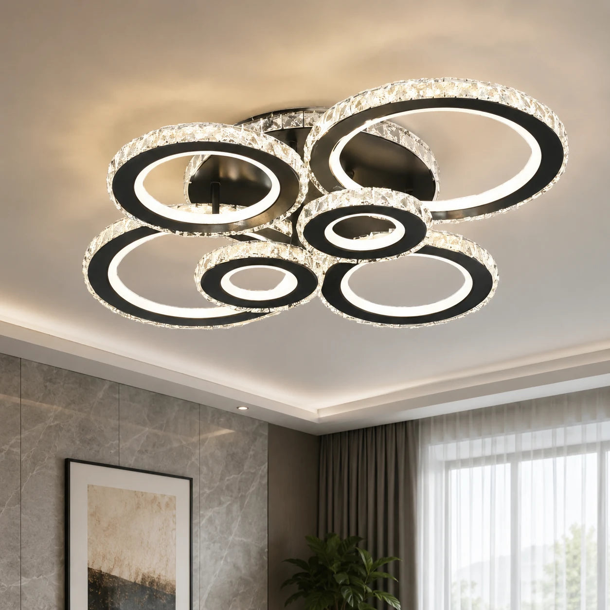 Lustra LED cu telecomanda si cristal NOVA ROTONDA RGB 145W, 6 Cercuri, lumina Rece/Calda/Neutra, Dimabila, Negru - 05_LT073-6BK.png