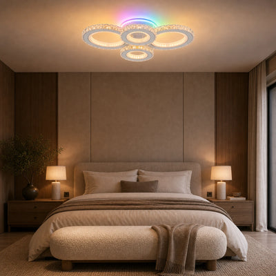 Plafoniera LED con telecomando e cristallo NOVA ROTONDA RGB 82W, 4 Cerchi, Luce Fredda/Calda/Neutra, Dimmerabile, Bianco