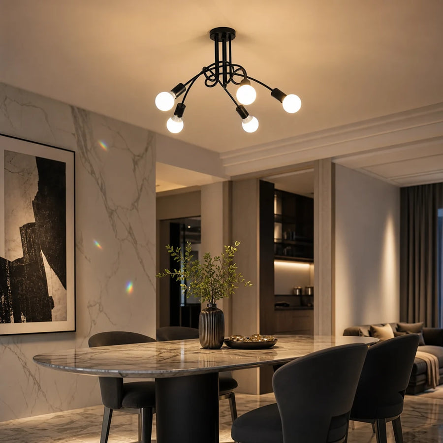 Lampadario modernista Penta 5, 5x E27, Nero, Design moderno - 08_LC366-5BK.png