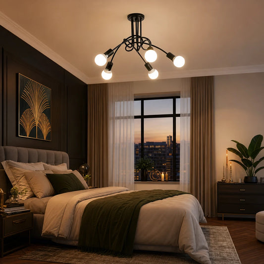 Lampadario modernista Penta 5, 5x E27, Nero, Design moderno - 09_LC366-5BK.png