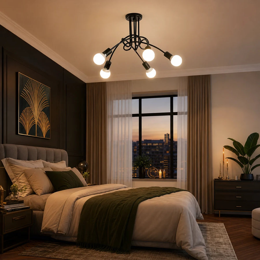 Lampadario modernista Penta 5, 5x E27, Nero, Design moderno - 09_LC366-5BK.png