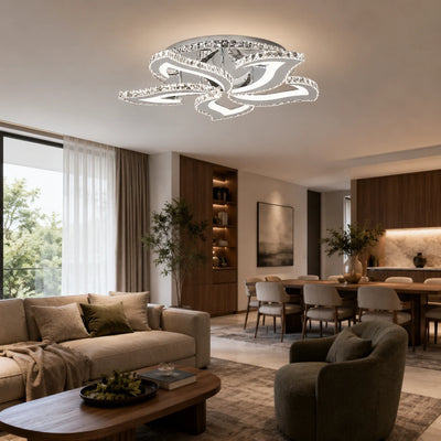 Lustra LED cu telecomanda si cristal Alejandro RGB 88W, 5 Flori, lumina Rece/Calda/Neutra, Dimabila, Crom Lucios