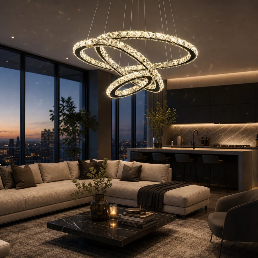Lampadario LED a sospensione con telecomando e cristallo PRISM LUMINIS 79W, 3 Cerchi, Luce Fredda/Calda/Neutra, Dimmerabile, Cromo, Regolabile in Altezza - 12_LT029.png