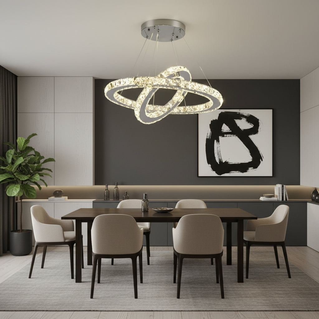 Lampadario LED con telecomando e cristallo PRISM LUMINIS 58W, 2 Cerchi, Luce Fredda/Calda/Neutra, Dimmerabile, Cromo e Bianco, Altezza Regolabile Lampadari LED con Telecomando Titolo predefinito Alessandro Design