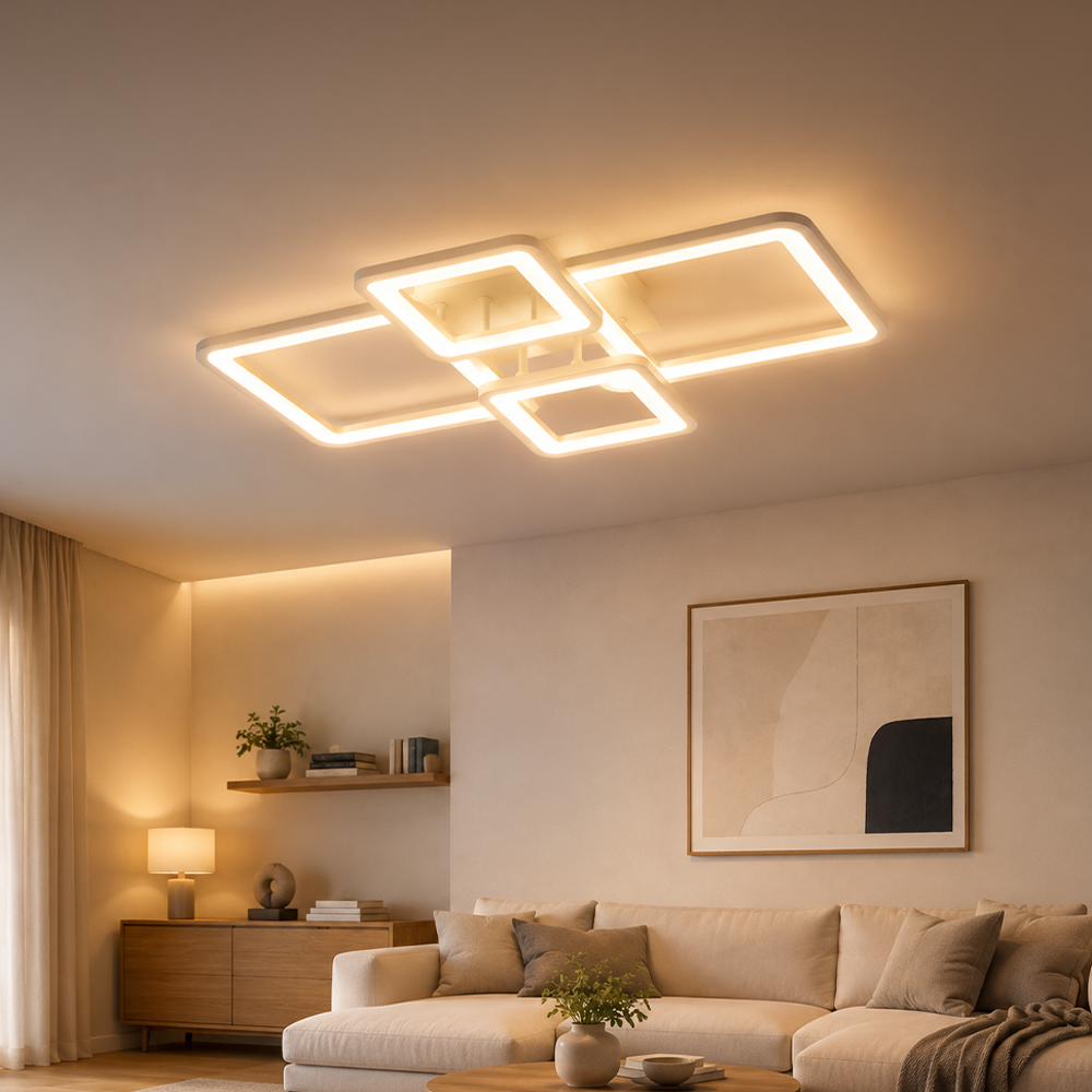 Lampadario a LED con telecomando ELLA 67W, 4 Quadrati, Luce Fredda/Calda/Neutra, Dimmerabile, Lampadario a LED Bianco con telecomando Titolo predefinito Alessandro Design