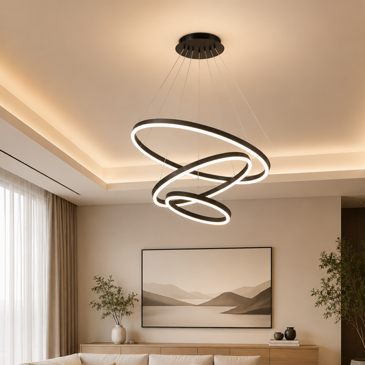Lampadario LED a Sospensione con Telecomando CASIANA 85W, 3 Cerchi, Luce Fredda/Calda/Neutra, Dimmerabile, Nero, Lampadari LED con Telecomando Titolo Default Alessandro Design