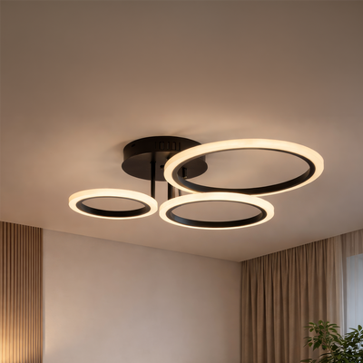 Lampadario LED con telecomando BETTY 40W, 3 Cerchi, Luce Fredda/Calda/Neutra, Dimmerabile, Nero