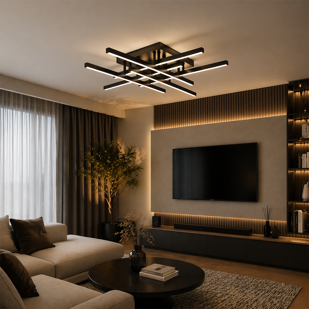 Lustra LED cu Telecomanda LINEX, 81W, 6 Elemente, Liniara, lumina Rece/Calda/Neutra, Dimabila, Negru Lustre LED cu Telecomanda Default Title Alessandro Design