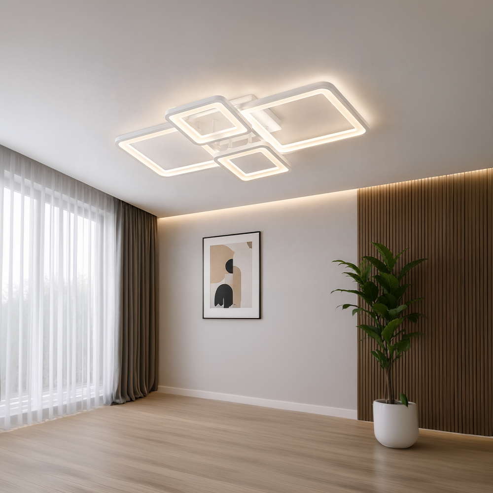 Lampadario a LED con telecomando ELLA 67W, 4 Quadrati, Luce Fredda/Calda/Neutra, Dimmerabile, Lampadario a LED Bianco con telecomando Titolo predefinito Alessandro Design