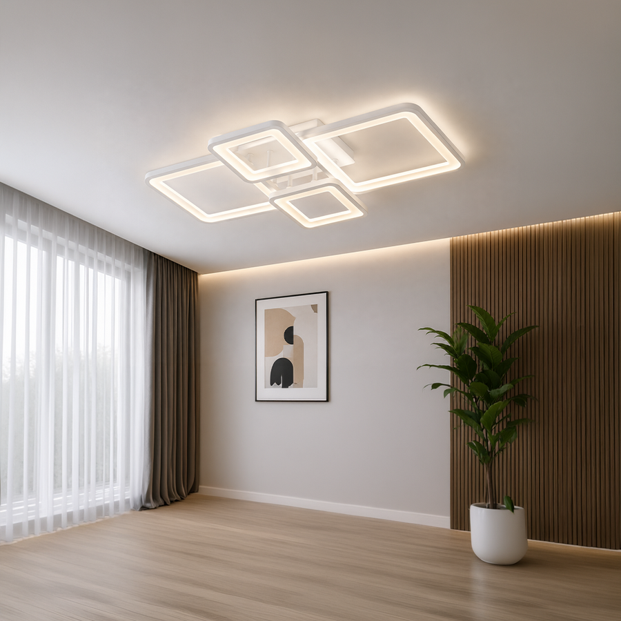 Lampadario a LED con telecomando ELLA 67W, 4 Quadrati, Luce Fredda/Calda/Neutra, Dimmerabile, Lampadario a LED Bianco con telecomando Titolo predefinito Alessandro Design