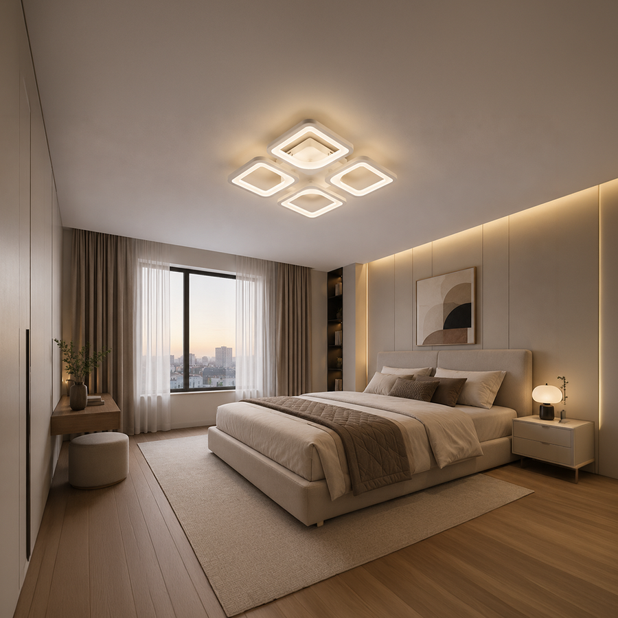 Lampadario a LED con telecomando ZOE 53W, 4 Quadrati, Luce Fredda/Calda/Neutra, Dimmerabile, Lampadario a LED Bianco con telecomando Titolo predefinito Alessandro Design