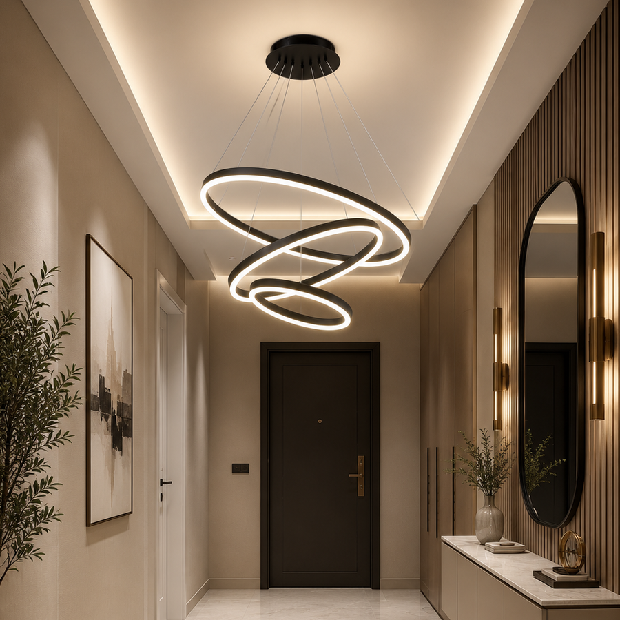 Lampadario LED a Sospensione con Telecomando CASIANA 85W, 3 Cerchi, Luce Fredda/Calda/Neutra, Dimmerabile, Nero, Lampadari LED con Telecomando Titolo Default Alessandro Design