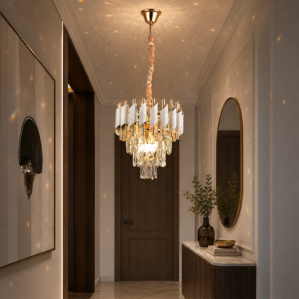 Lampadario di cristallo VERSAILLES Petito 3xE14, diametro 30 cm, oro lucido e bianco, altezza regolabile, metallo e cristallo Lampadari in cristallo Titolo predefinito Alessandro Design