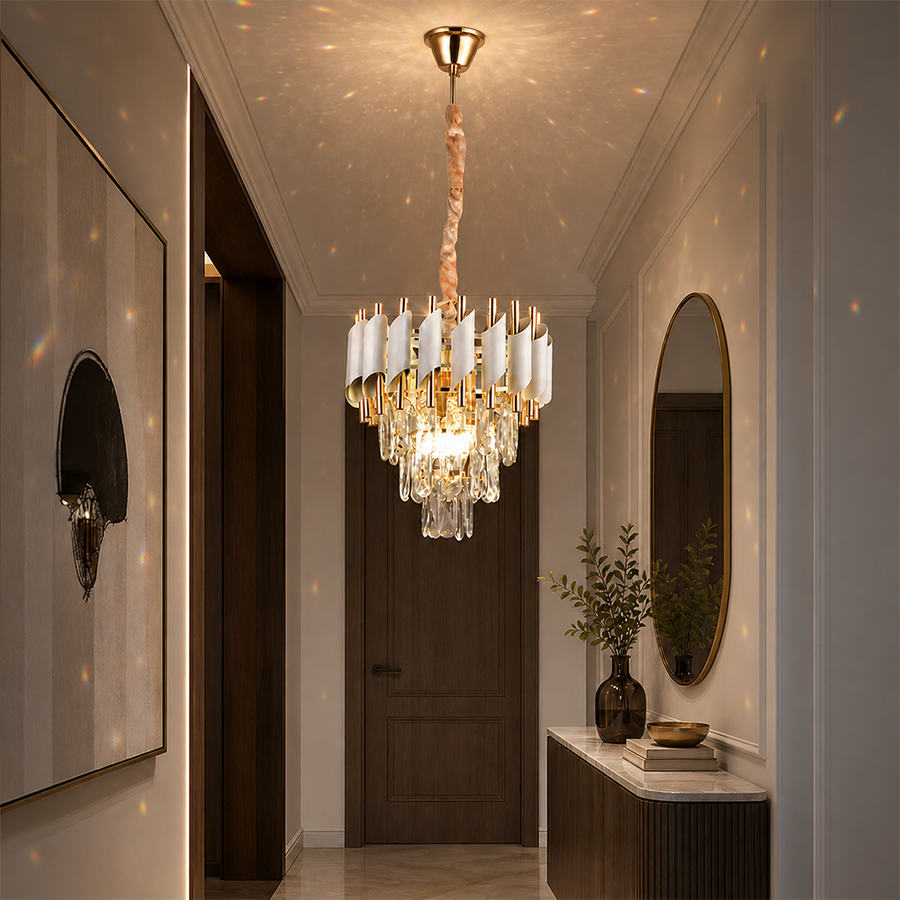 Lampadario di cristallo VERSAILLES Petito 3xE14, diametro 30 cm, oro lucido e bianco, altezza regolabile, metallo e cristallo Lampadari in cristallo Titolo predefinito Alessandro Design