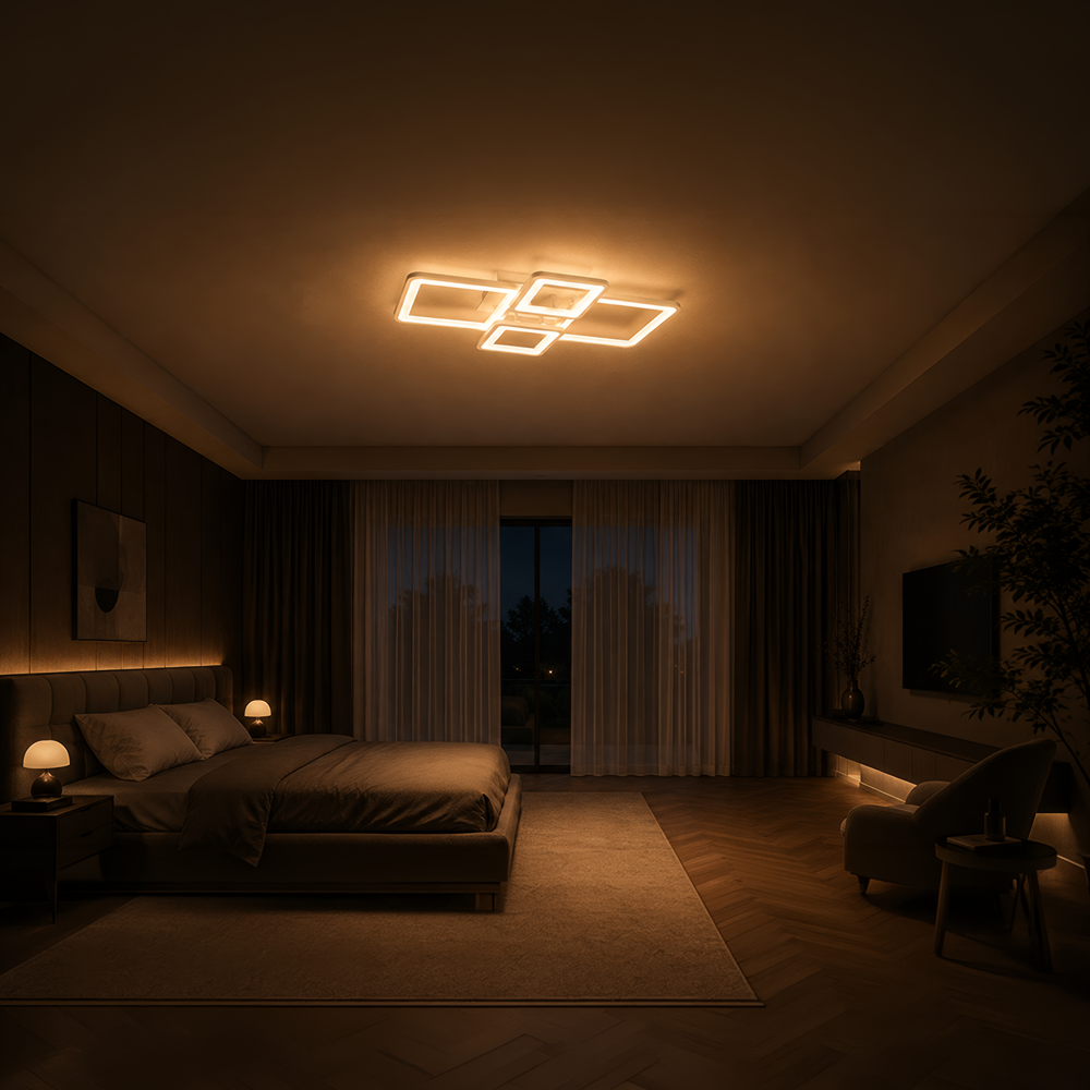 Lampadario a LED con telecomando ELLA 67W, 4 Quadrati, Luce Fredda/Calda/Neutra, Dimmerabile, Lampadario a LED Bianco con telecomando Titolo predefinito Alessandro Design