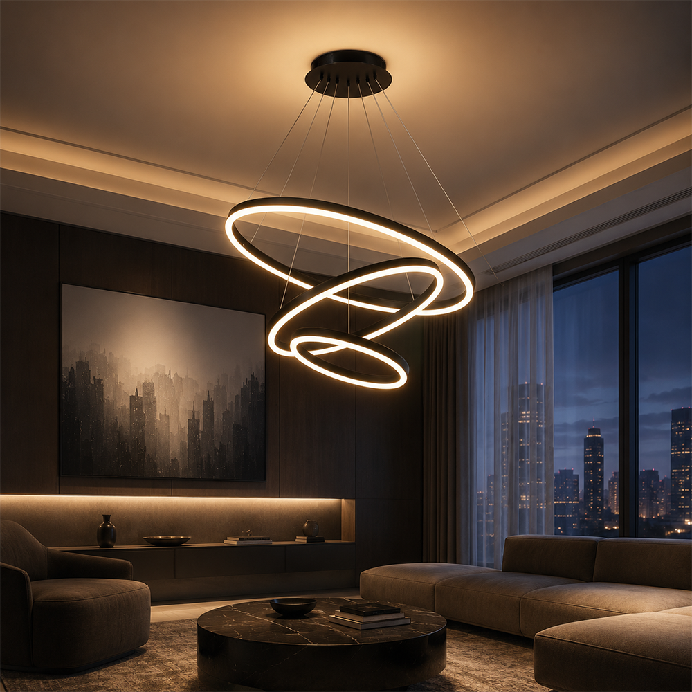Lampadario LED a Sospensione con Telecomando CASIANA 85W, 3 Cerchi, Luce Fredda/Calda/Neutra, Dimmerabile, Nero, Lampadari LED con Telecomando Titolo Default Alessandro Design