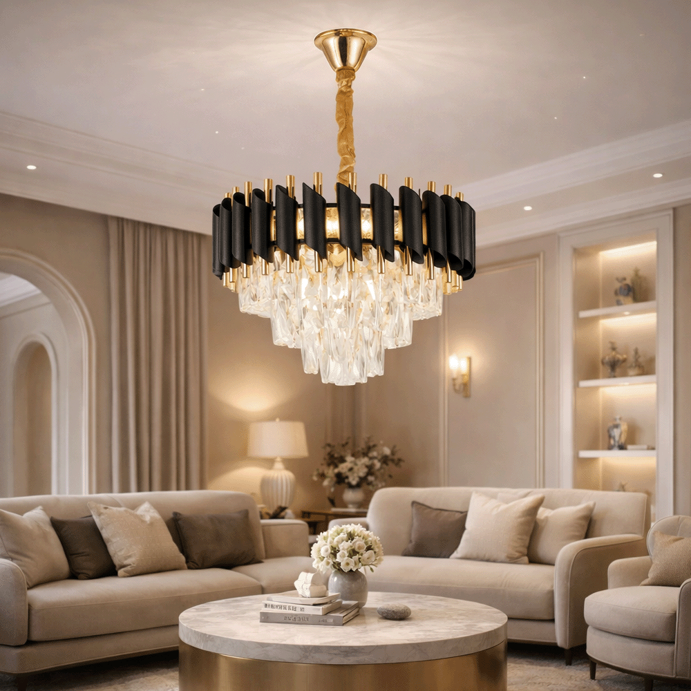 Candelabru Cristal VERSAILLES Nobile 5xE14, Diametru 40cm, Auriu Lucios si Negru Candelabre Cristal Default Title Alessandro Design