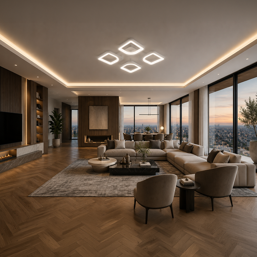 Lampadario a LED con telecomando ZOE 53W, 4 Quadrati, Luce Fredda/Calda/Neutra, Dimmerabile, Lampadario a LED Bianco con telecomando Titolo predefinito Alessandro Design