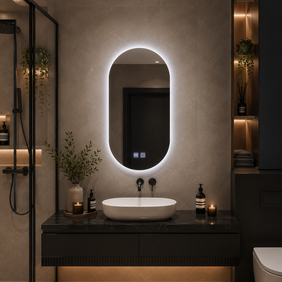 Specchio ovale LED, 50x100cm, Velara Touch, Sistema Demister, Dimmerabile