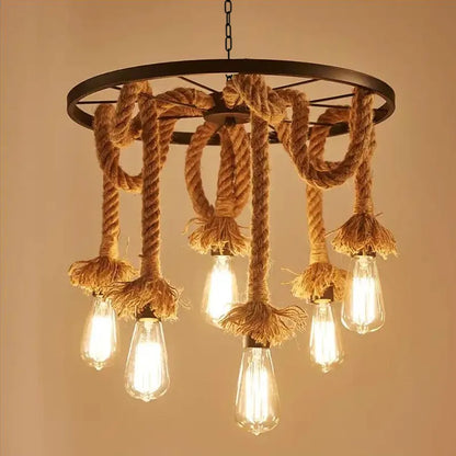 Lampadario a ruota, 6 x E27, marrone, metallo/lampadario a corde Titolo predefinito vintage Alessandro Design