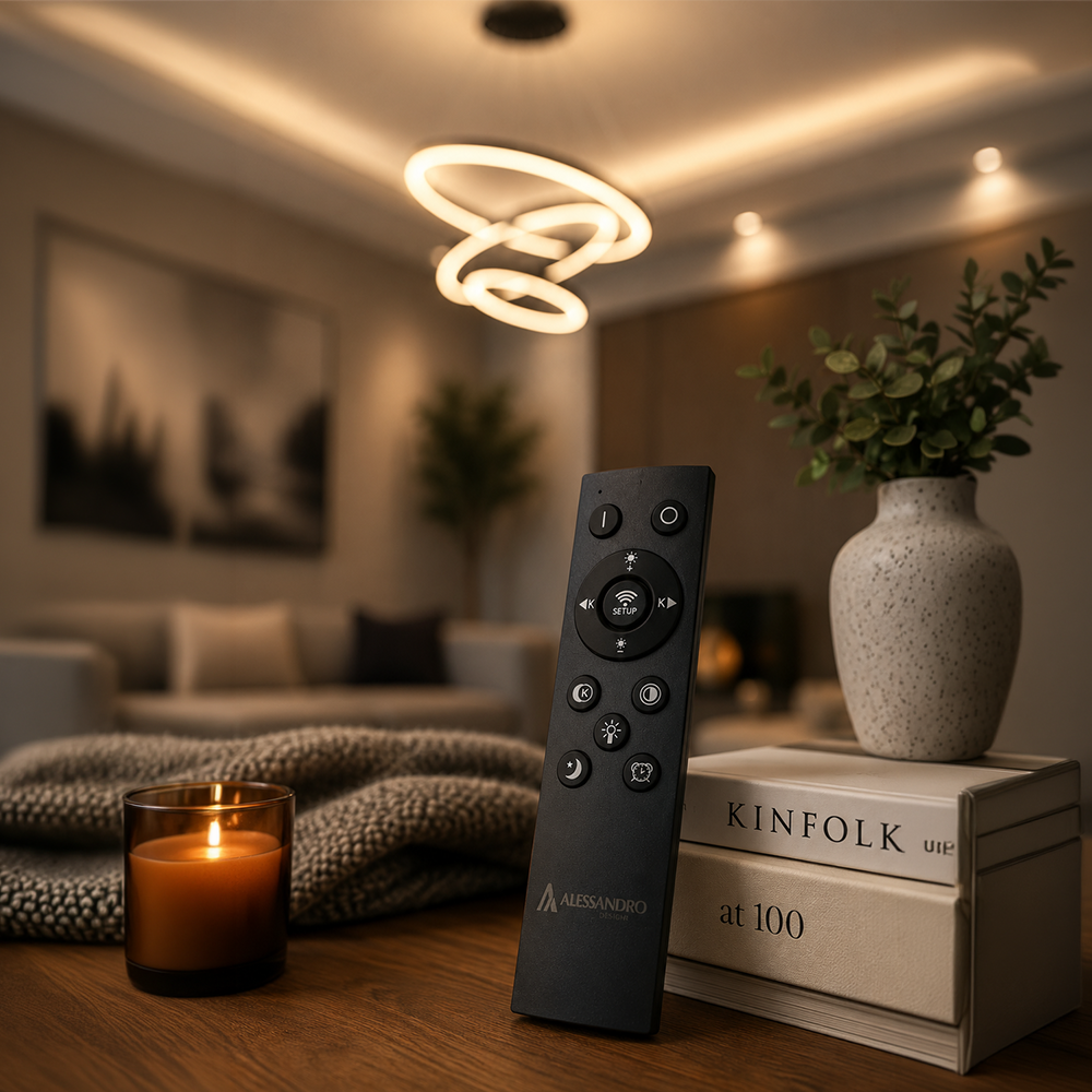 Lampadario LED a Sospensione con Telecomando CASIANA 85W, 3 Cerchi, Luce Fredda/Calda/Neutra, Dimmerabile, Nero, Lampadari LED con Telecomando Titolo Default Alessandro Design