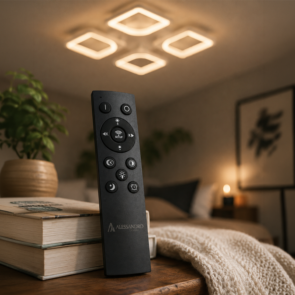 Lampadario a LED con telecomando ZOE 53W, 4 Quadrati, Luce Fredda/Calda/Neutra, Dimmerabile, Lampadario a LED Bianco con telecomando Titolo predefinito Alessandro Design