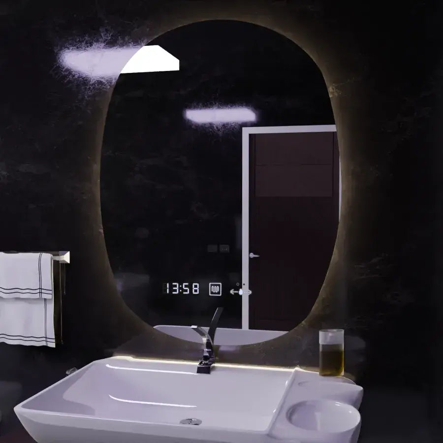 Specchio ovale LED, 60x80cm, sensore Ranya Marcello MotionGlow, sistema antiappannamento, orologio e termometro, specchi Dimabila Marcello Titolo predefinito Alessandro Design