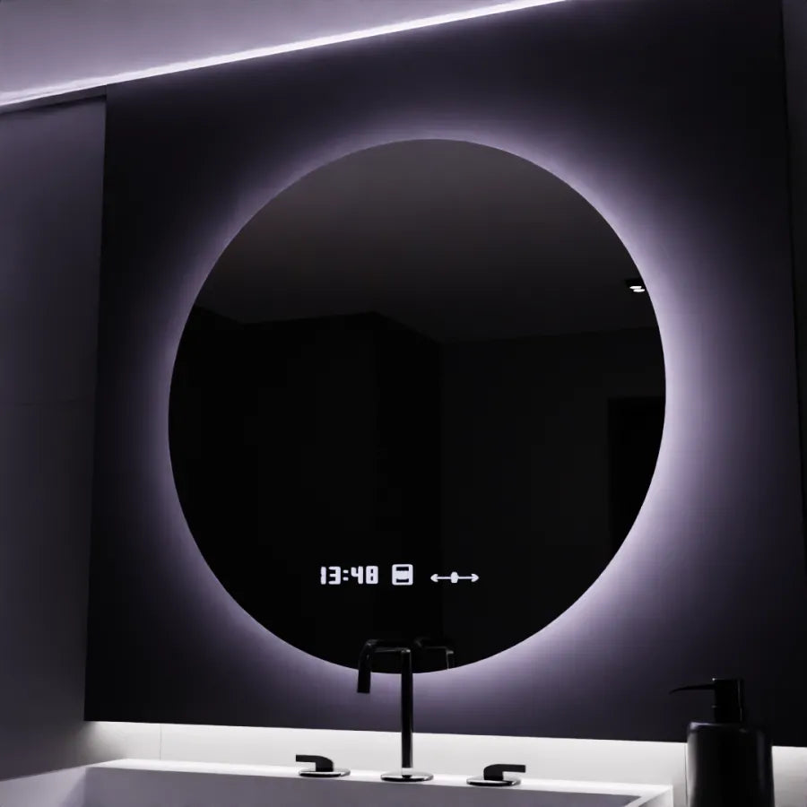 Specchio rotondo a LED, 80 cm, Serenite MotionGlow Marcello, sistema antiappannamento, orologio e termometro, specchi dimmerabili Marcello Titolo predefinito Alessandro Design
