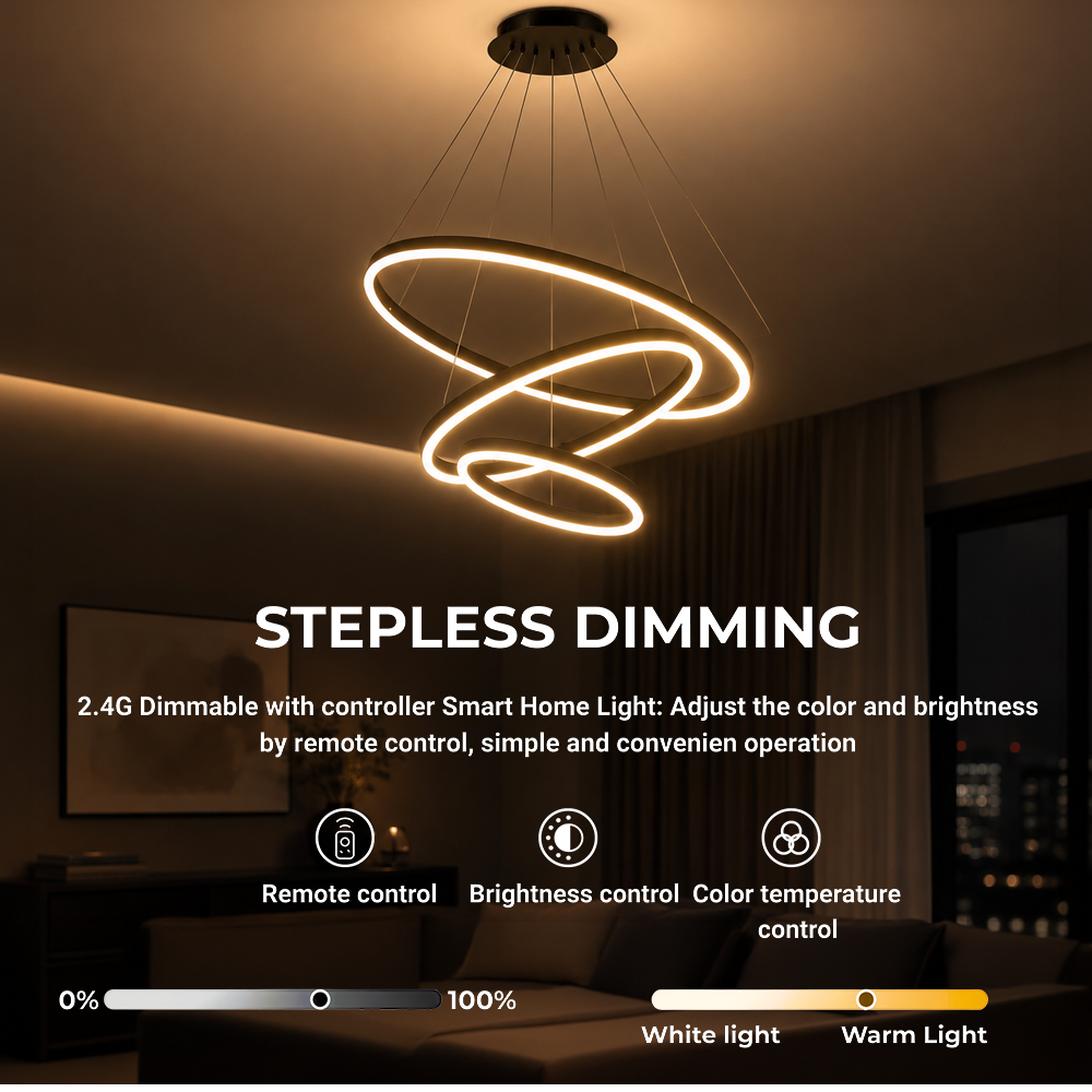 Lampadario LED a Sospensione con Telecomando CASIANA 85W, 3 Cerchi, Luce Fredda/Calda/Neutra, Dimmerabile, Nero, Lampadari LED con Telecomando Titolo Default Alessandro Design