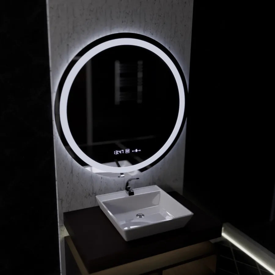 Specchio Rotondo a LED, 100 cm, Celeste MotionGlow Marcello, Sistema Antiappannamento, Orologio e Termometro, Specchi Dimabila Marcello Titolo predefinito Alessandro Design