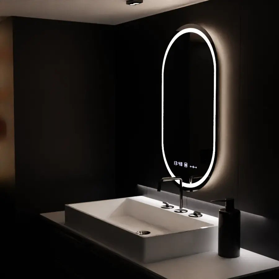 Specchio ovale a LED, 60x80 cm, Eminence MotionGlow Marcello, sistema antiappannamento, orologio e termometro, specchi Marcello dimmerabili Titolo predefinito Alessandro Design