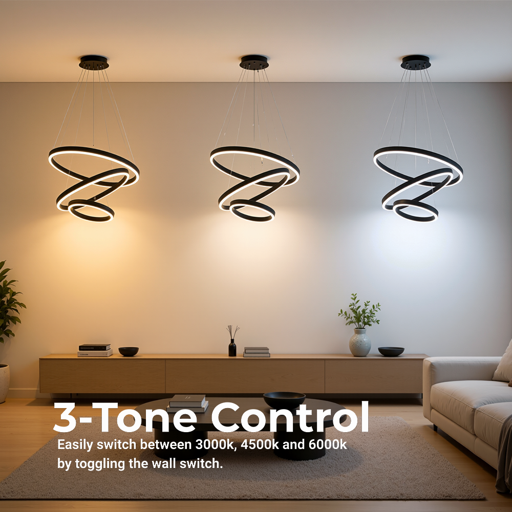 Lampadario LED a Sospensione con Telecomando CASIANA 85W, 3 Cerchi, Luce Fredda/Calda/Neutra, Dimmerabile, Nero, Lampadari LED con Telecomando Titolo Default Alessandro Design