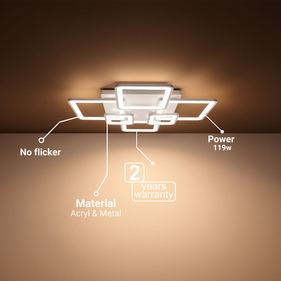 Lampadario a LED con telecomando ELLA 119W, 6 Quadrati, Luce Fredda/Calda/Neutra, Dimmerabile, Lampadario a LED Bianco con telecomando Titolo predefinito Alessandro Design