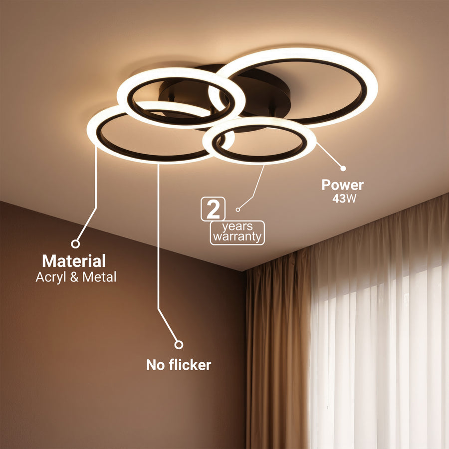 Lampadario LED con Telecomando BETTY 43W, 4 Cerchi, Luce Fredda/Calda/Neutra, Dimmerabile, Lampadari LED Neri con Telecomando Titolo predefinito Alessandro Design
