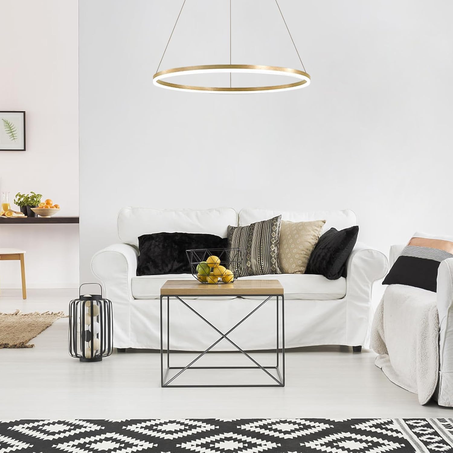 Lampadario LED a Sospensione, ANINA, 34W, 1 Cerchio, Diametro 50cm, Luce Fredda/Calda/Neutra 3000K/4000K/6000K, Dimmerabile, Bianco Oro Lucido, Altezza Regolabile, Lampadari LED in Metallo e Acrilico con Telecomando Titolo predefinito Alessandro Design