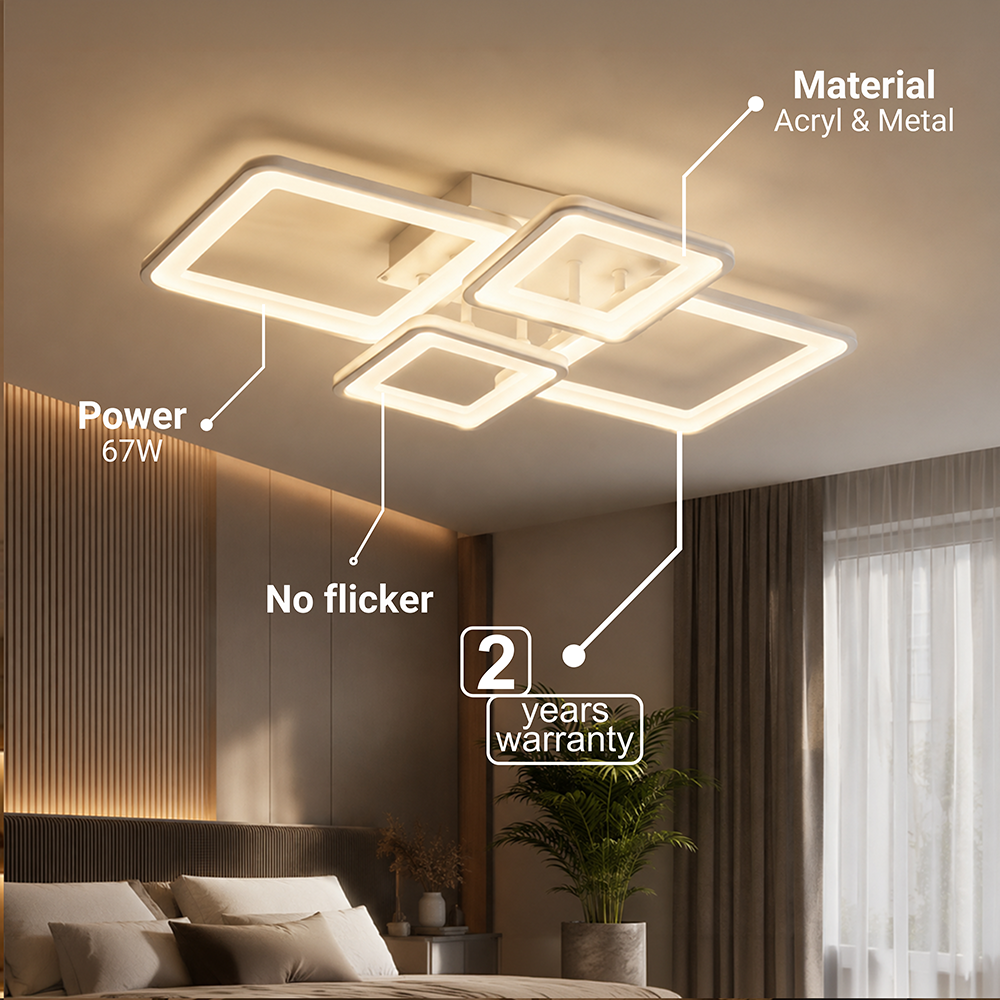Lampadario a LED con telecomando ELLA 67W, 4 Quadrati, Luce Fredda/Calda/Neutra, Dimmerabile, Lampadario a LED Bianco con telecomando Titolo predefinito Alessandro Design