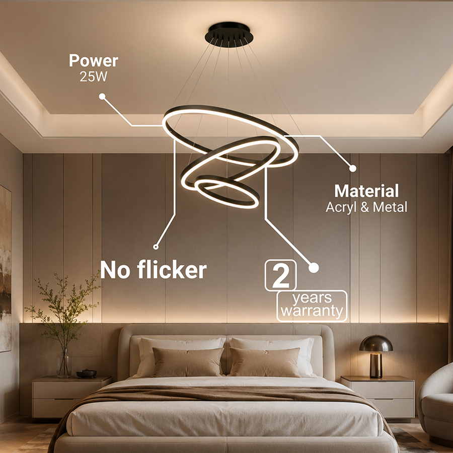 Lampadario LED a Sospensione con Telecomando CASIANA 85W, 3 Cerchi, Luce Fredda/Calda/Neutra, Dimmerabile, Nero, Lampadari LED con Telecomando Titolo Default Alessandro Design