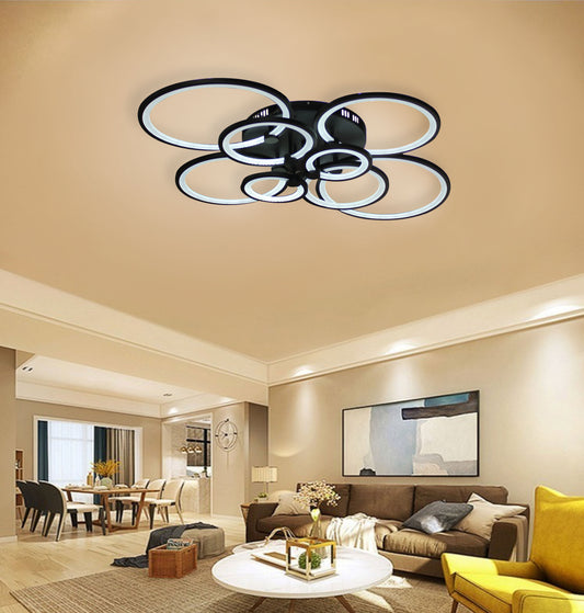 Lampadario LED con telecomando ALANI 200W, 8 Cerchi, Luce Fredda/Calda/Neutra, Dimmerabile, Marrone