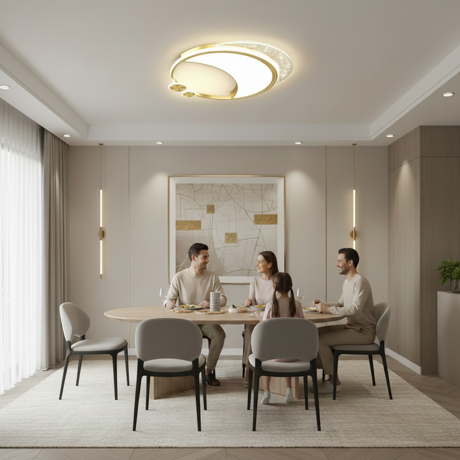 Lampadario LED Marco con telecomando, 76W, dimmerabile, oro, metallo, acrilico e vetro, 3000K/4000K/6000K