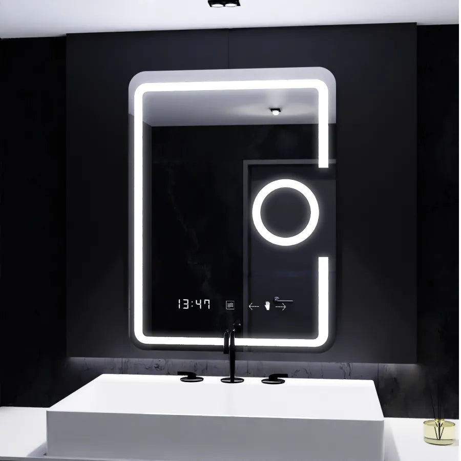Specchio rettangolare a LED, 60x80 cm, Eclat MotionGlow Marcello, Orologio e Termometro, Sistema Demister, Lente d'ingrandimento cosmetica, Specchi Dimabila Marcello Titolo predefinito Alessandro Design