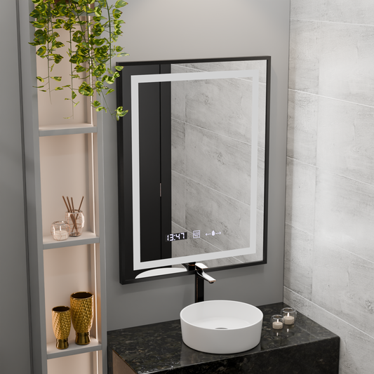 Specchio rettangolare a LED, 50x70 cm, Verite Majeste Noir Motion Glow Marcello, sistema antiappannamento, orologio e termometro, specchi dimmerabili Marcello Titolo predefinito Alessandro Design