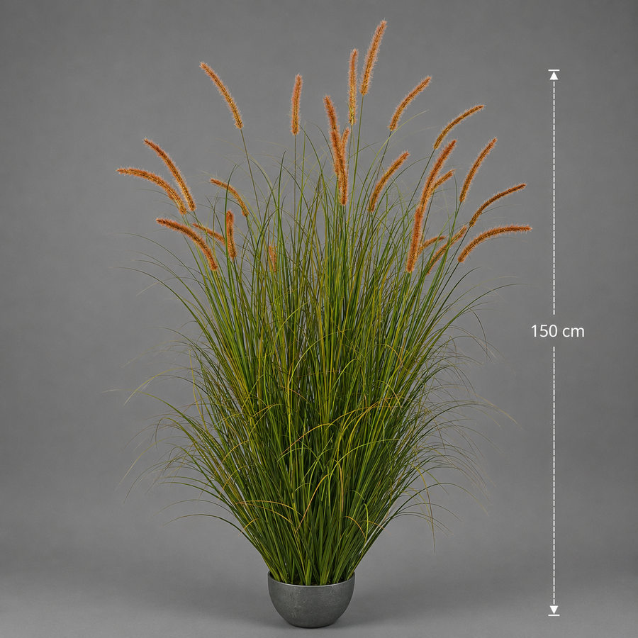 Planta Artificială Iarbă Ornamentală Tip Coadă de Pisicǎ, 150cm, 26 tulpini, Iarbă curbată și Spice, Verde Tomnal, Fara Ghiveci