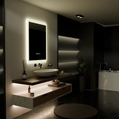 Specchio LED rettangolare, 60x80 cm, sensore ELANCEE MotionGlow Marcello, sistema antiappannamento, orologio e termometro, dimmerabile