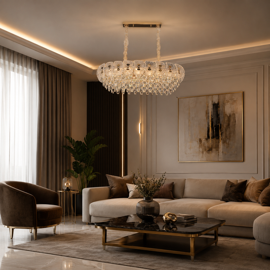 Candelabru Cristal DONNO Supremo, 90x34cm, 11xE14, Inaltime Reglabila, Metal si Cristal, Auriu