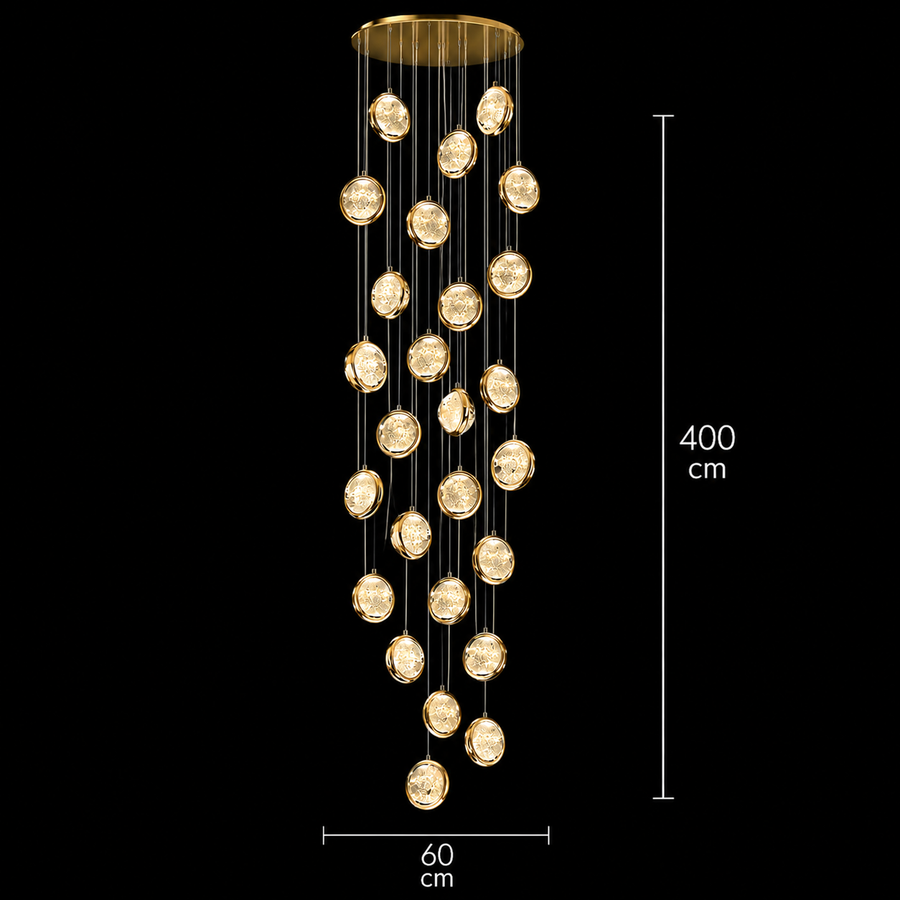 Lampadario LED a Sospensione in Cristallo, Giustiniano, Diametro 60cm, Altezza Regolabile, Oro, Metallo e Cristallo