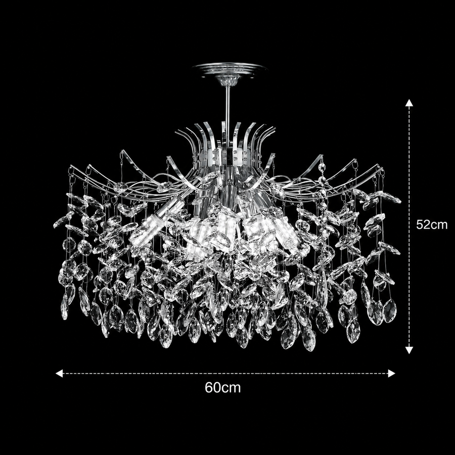 Candelabru Cristal PROWES Magno, 10xE14, D60 cm, Crom Lucios, Inaltime Reglabila, Metal si Cristal