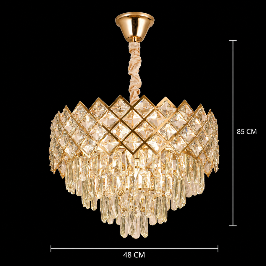 Candelabru Cristal VECTORIA Eleganza 8xE14, Diametru 48cm, Auriu, Inaltime Reglabila, Metal si Cristal