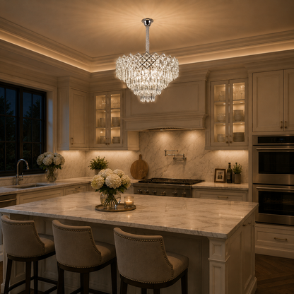Candelabru Cristal VECTORIA Magno 8xE14, Diametru 58cm, Crom Lucios, Inaltime Reglabila, Metal si Cristal