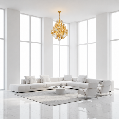 Candelabru Cristal TIER Magno 13xE14, D60 cm, Auriu, Inaltime Reglabila, Metal si Cristal